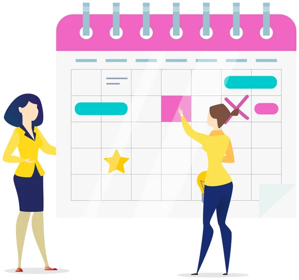 Women check calendar with planned activities. Colleagues planning work schedule, timetable — 图库矢量图片