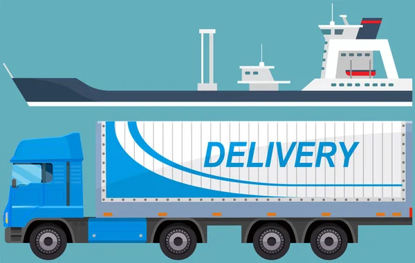 Vrachtwagen voor de levering van goederen in magazijn van onderneming. Goederenvervoer in opslag met dozen — Stockvector