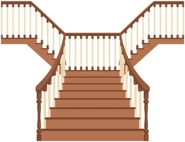 Escada com degraus, balaústres e corrimãos. Escadas, escadaria clássica com corrimão de madeira —  Vetores de Stock