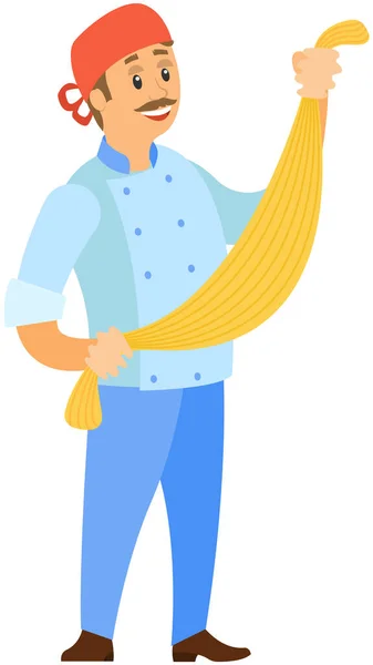 Man prepares pasta, stretches spaghetti dough. Chef cooking dish of Italian cuisine for restaurant — Image vectorielle