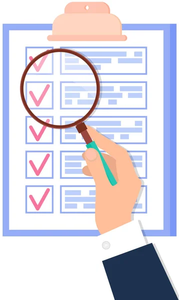 Man studying to do list with magnifier. Person with magnifying glass looks at checklist on clipboard — Stock Vector