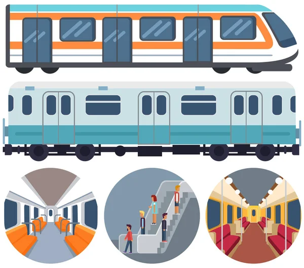 Conjunto con escalera móvil, navegación, asientos de pasajeros, trenes de metro, metro de transporte público — Vector de stock