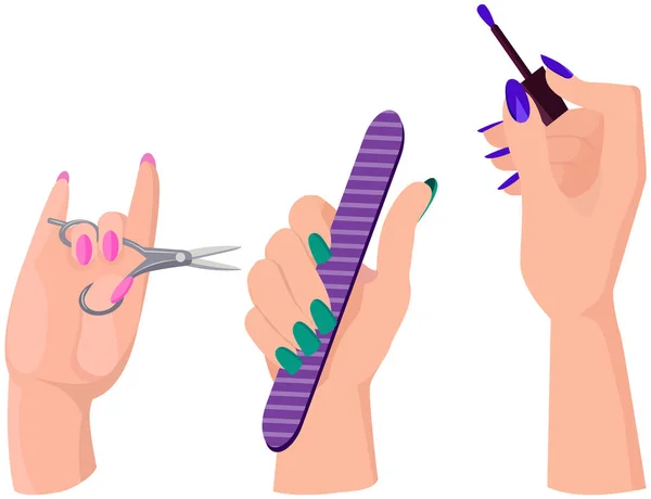 Accesorios de manicura, suministros, equipo para el trabajo con tijeras para el cuidado de las manos, lima de uñas, esmalte — Vector de stock