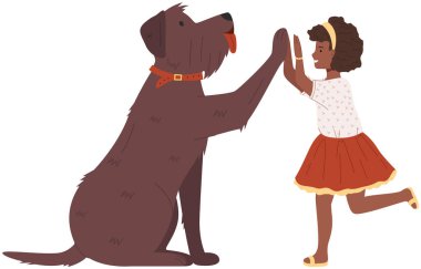 Child and her pet playing, giving five. Little female character and dog during greeting each other