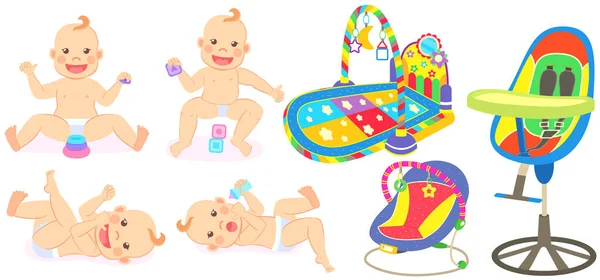 Multinational children, kids playing, baby care objects, newborn items supplies, set of icons — Vetor de Stock