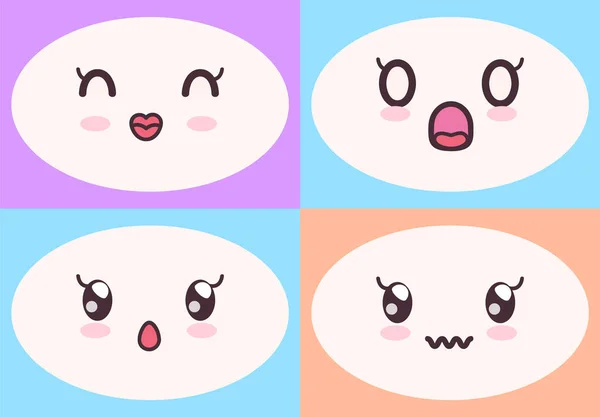 Kawaii χαριτωμένα πρόσωπα σε πολύχρωμα υπόβαθρα που. Μάτια και στόματα με στυλ μάνγκα, αστεία συναισθήματα — Διανυσματικό Αρχείο
