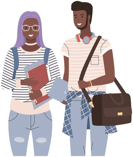 Diversa universidad, estudiantes universitarios de África. Jóvenes, pareja multicultural estudiando — Vector de stock