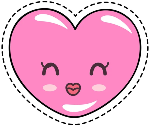 Emoji corazón lindo. Sonriente cara icono kawaii concepto. Corazón rosado con linda sonrisa y mirada tímida — Vector de stock