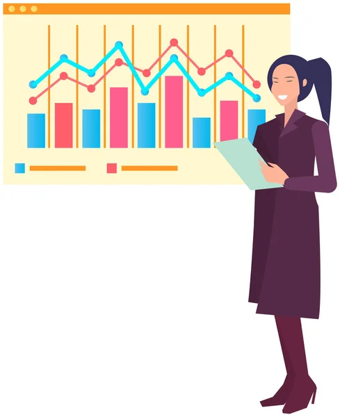 Femme près du tableau de présentation avec les données, les résultats de la recherche statistique, plan de développement des affaires — Image vectorielle