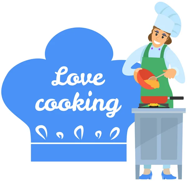 Chef conduz aula de culinária premium sobre culinária. Mulher preparando prato, ingredientes de fritura — Vetor de Stock