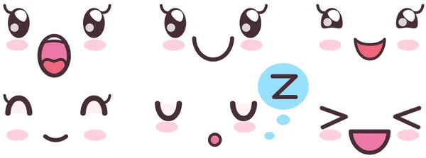 Kawaii roztomilé tváře na barevném pozadí set. Manga styl oči a ústa, legrační emoce — Stockový vektor