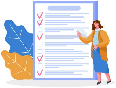 Kadın listeye ve planlama programına yakın duruyor. Plan tamamlandı, görev tamamlandı, zaman çizelgesi