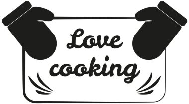 Hand drawn lettering for culinary label. Outline of expression love cooking with potholders icon