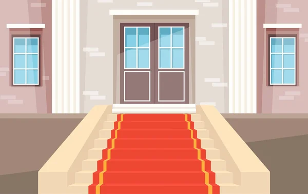 Decorated stairs and pedestal for rewarding ceremony. Red carpet velvet at entrance to building — стоковый вектор