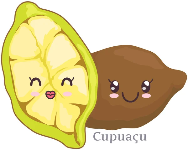 Cute cupuacu sticker kawaii character icon vector design. Adorable, cute charming cheerful face — Stok Vektör