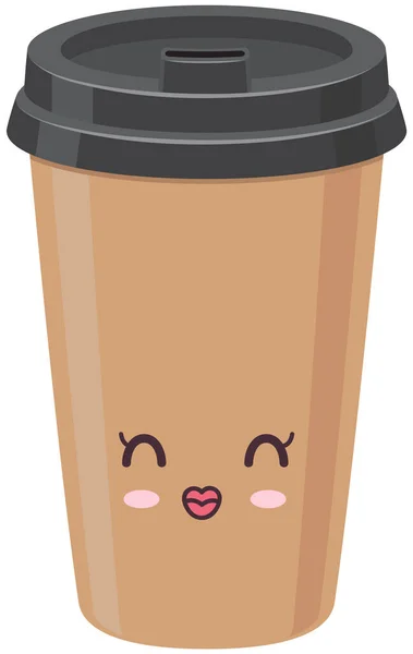 Bonito café taza de papel para ir pegatina icono kawaii. Bebida caliente con emociones positivas estilo japonés — Vector de stock