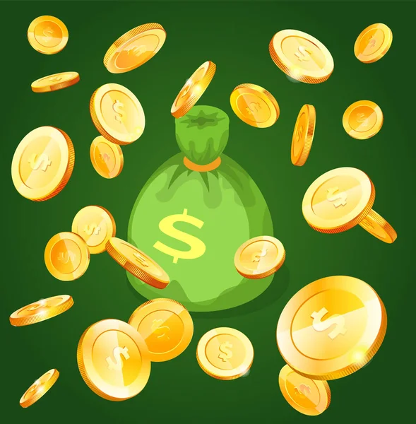 Μεγάλη υφασμάτινη τσάντα με κέρματα σύμβολο δολάριο πέσει σε τσάντα. Σάκος με τα χρήματα σύμβολο του πλούτου και της επιτυχίας — Διανυσματικό Αρχείο