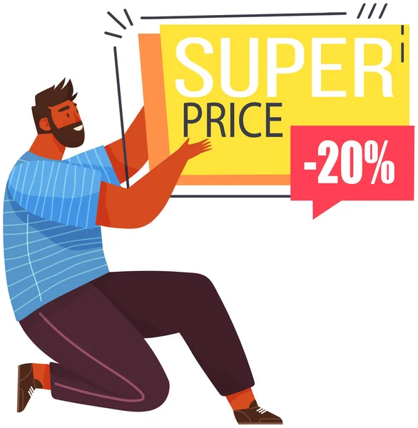 Super price banner. Sale and discounts up to. Hot offer poster with happy man points to flyer — Stockvector