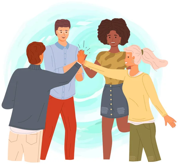 Team, colleagues during greeting. People giving five to each other standing with hands together — Stock Vector