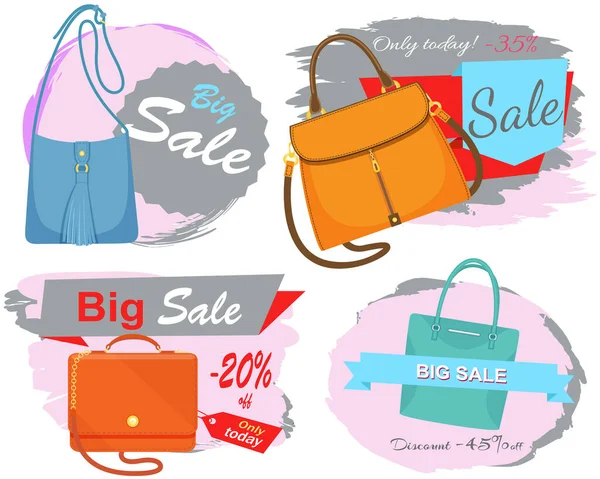 Sale poster with womens bag, shop now. Discount, special offers promotion shopping advertisement set —  Vetores de Stock