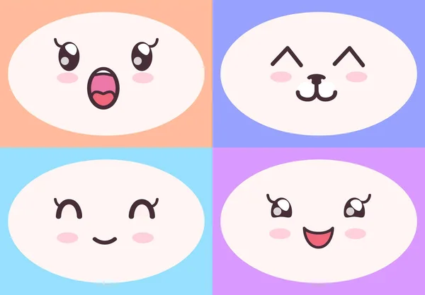 Kawaii visages mignons sur fond coloré ensemble. Yeux et bouches de style manga, émotions drôles — Image vectorielle