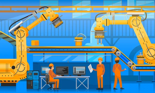 Línea de producción robótica automatizada, transportador. El equipo técnico trabaja con tecnologías de fábrica — Archivo Imágenes Vectoriales