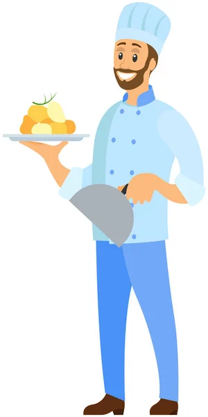 Man holds plate with ready-made meal and lid. Kitchener serves dish from chef, food at cafe — Stock Vector