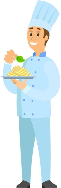 Шеф-повар с тарелкой макарон, блюдо итальянской кухни в кафе. Человек держит готовую еду — стоковый вектор