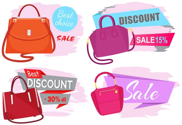Sale poster with womens bag, shop now. Discount, special offers promotion shopping advertisement set — Vector de stock