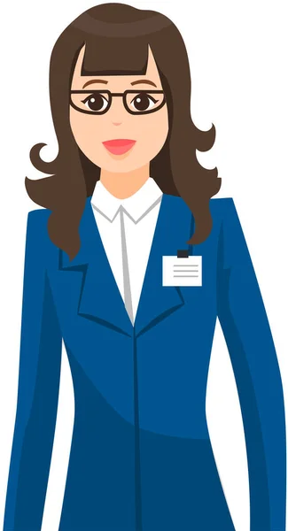 Smiling businesswoman wearing dark suit and badge. Employee of business institution in uniform — ストックベクタ