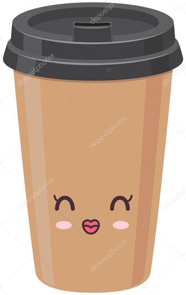Cute paper cup coffee to go sticker kawaii icon. Hot drink with positive emotions japanese style