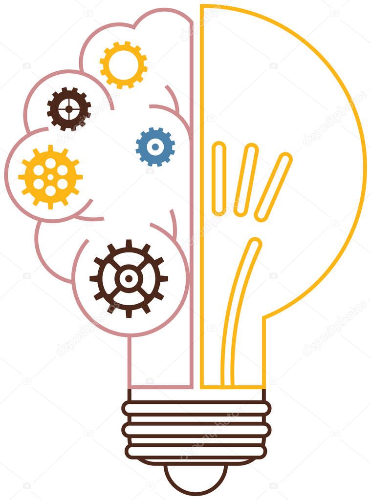 Creative idea and inspiration concept. Light bulb and gears outline as symbol of new startup