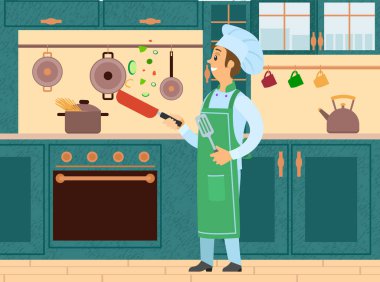 Şef elinde spatula ve tavayla ayakta duruyor. İnsan yemek hazırlar, patates kızartması yapar.