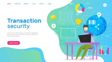 Transaction security support service web page. Operator at laptop provides online payment safety