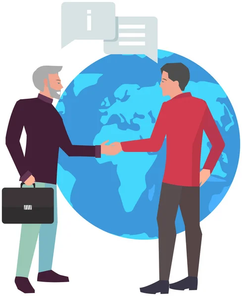 Businessmen making deal, shaking hands, signing contract, agreeing on background of planet — Image vectorielle