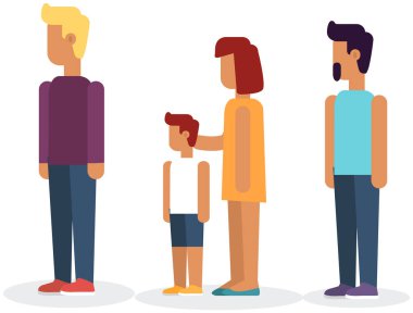 Order in following, adults and child stand in queue. Group of people waiting, standing in line