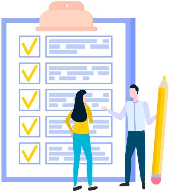 Businesspeople make to do list. Colleagues work with checklist plan, schedule, time management