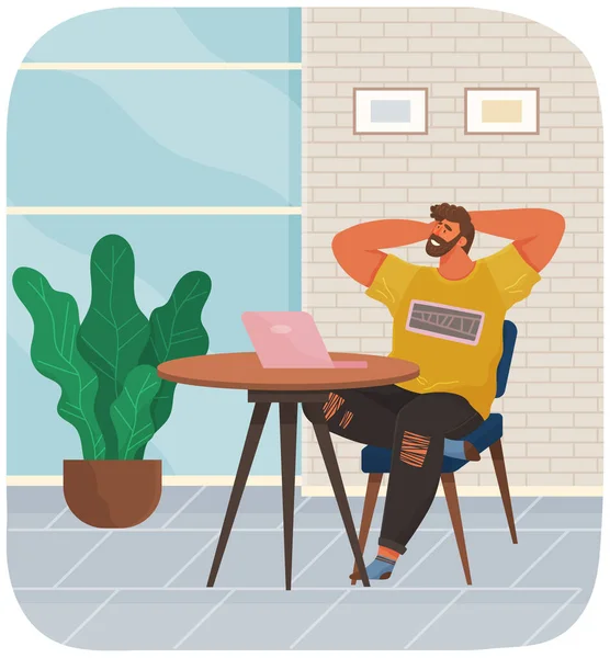 Young man sits near table with computer and rests, smiles and dreams about future in office — Stock Vector