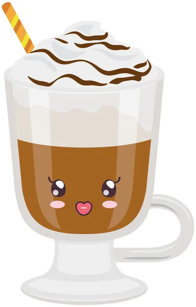 Lindo café con leche con espuma y pegatina de jarabe kawaii. Bebida caliente en vaso con emoción positiva — Vector de stock