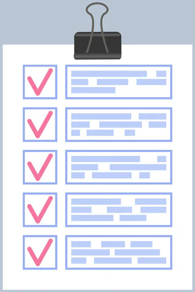 Checklist, daily plan with red tick marks on clipboard. To do list, questionnaire, survey concept — Stock Vector