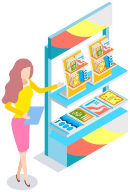 Woman promotin, advertising, leafleting near stand with presentation product catalogs, books