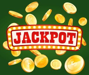Jackpot gambling poster design. Money coins winner casino success concept. Slot machine game prize
