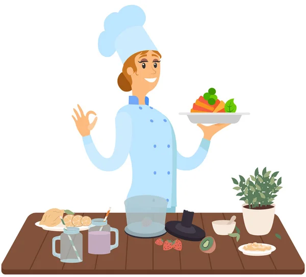 Küchenfrau serviert Gericht vom Koch, gesundes Essen im Café. Frau hält Teller mit Fertiggericht — Stockvektor