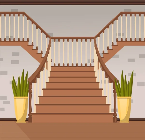 Ladder met treden, balusters en leuningen. Trap, klassieke trap met houten trapleuningen — Stockvector