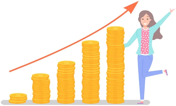 Zakenvrouw staat naast een stapel gouden munten. Verhoogd inkomen, bedrijfswinstconcept — Stockvector