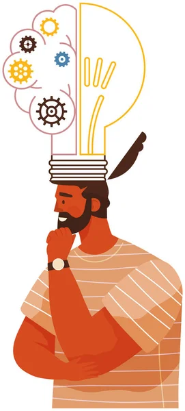 El hombre planea la estrategia, resuelve problemas, crea ideas. Guy desarrollando pensamiento creativo, encontrando solución — Vector de stock