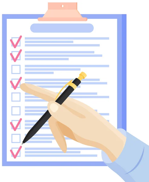 Menselijke hand wijst naar checklist, te doen lijst. Checksheet, dienstregeling, planning schema — Stockvector