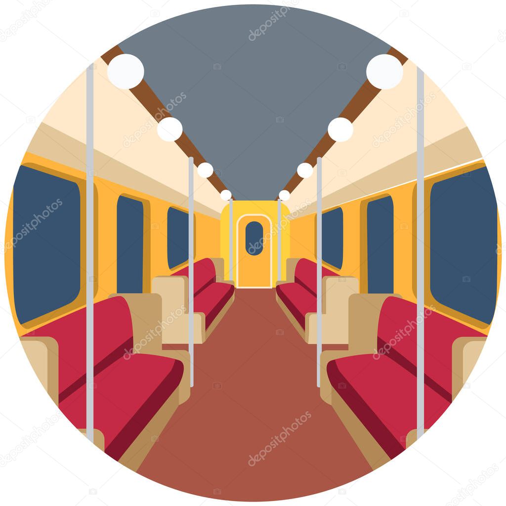 Interior design of subway car, transport for passengers with seats, automatic doors and windows