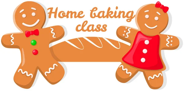 Baking masterclass emblem design with gingerbread men. Christmas sign template, bakery school — Archivo Imágenes Vectoriales