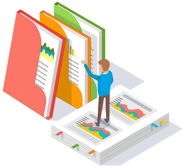 Travailleur analytique avec papiers, dossiers de documents. L'homme analyse les rapports d'entreprise avec des statistiques — Image vectorielle